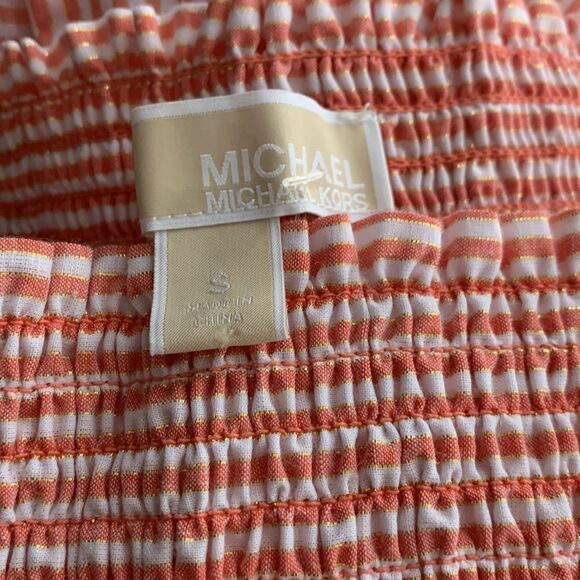 MICHAEL MICHAEL KORS orange & gold thread pinstripe off shoulder linen blend top - Picture 9 of 9
